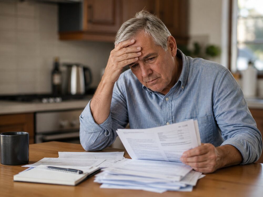Older man stressed reviewing timeshare bills